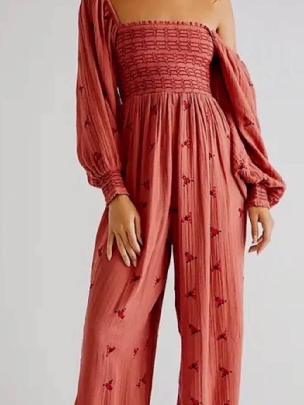 Free People Rose-Smocked Off-Shoulder Wide-Leg Jumpsuit